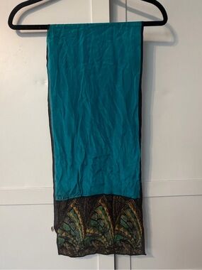 Vintage Anne Klein 100% Silk Scarf Teal Black Gold Made in Japan 51x10